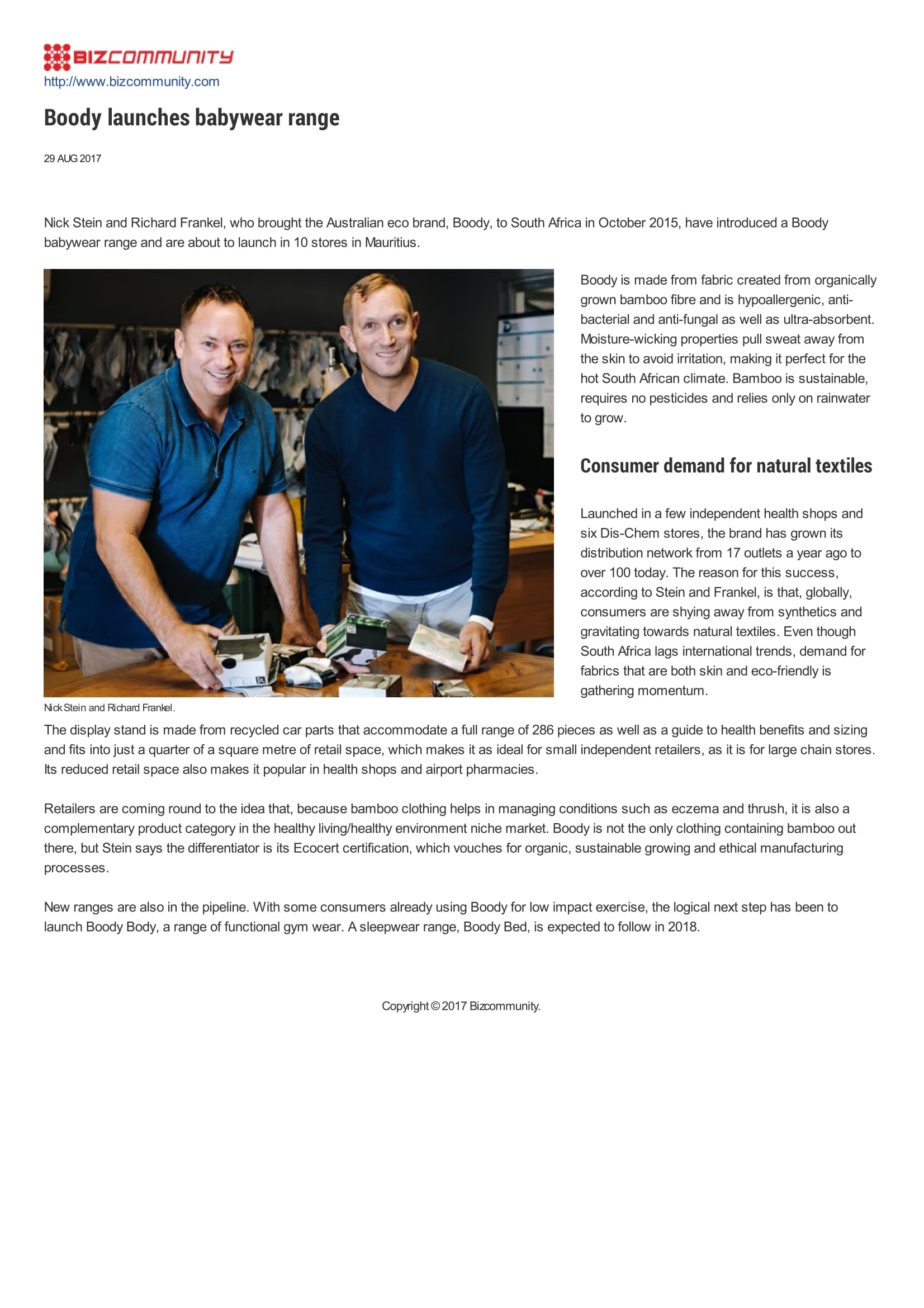 Bizcommunity: Boody launches babywear range