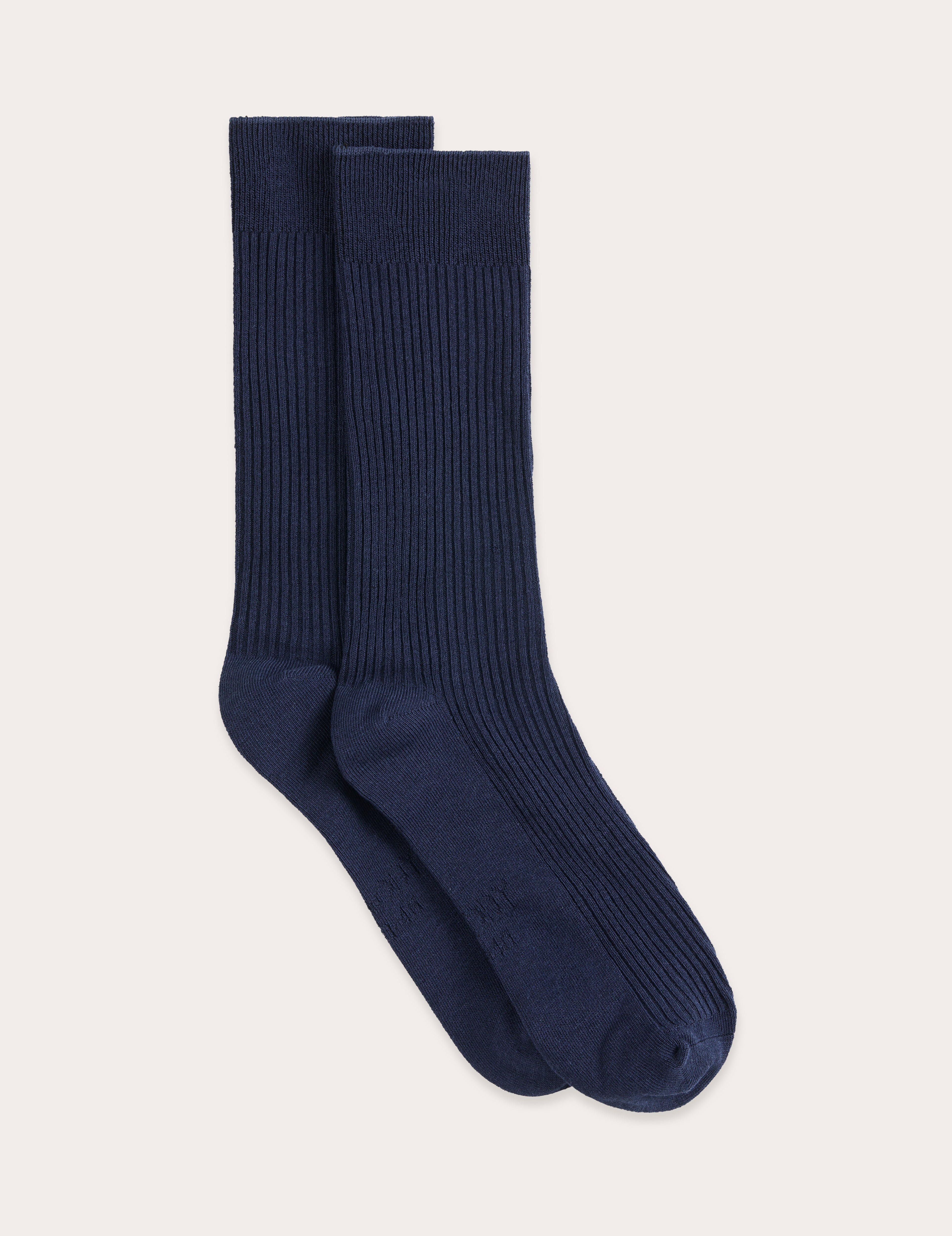Pair of navy blue socks on a light gray background